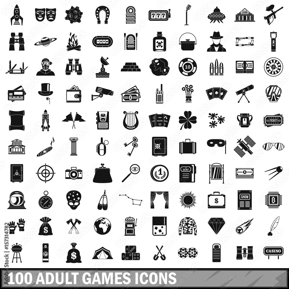 100 adult games icons set, simple style 