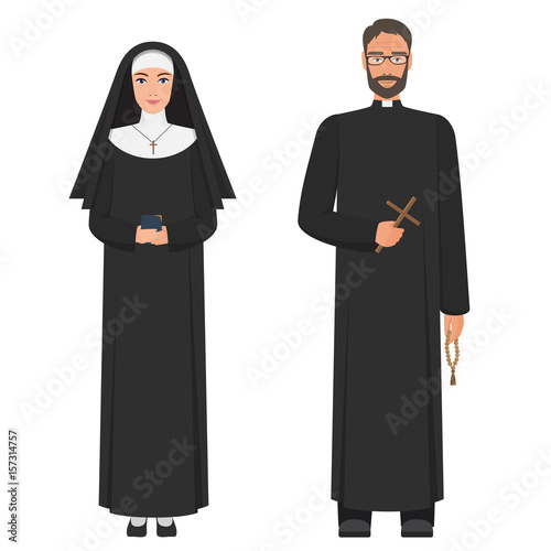 Catholic priest and nun. Flat cartoon vector illustration.
