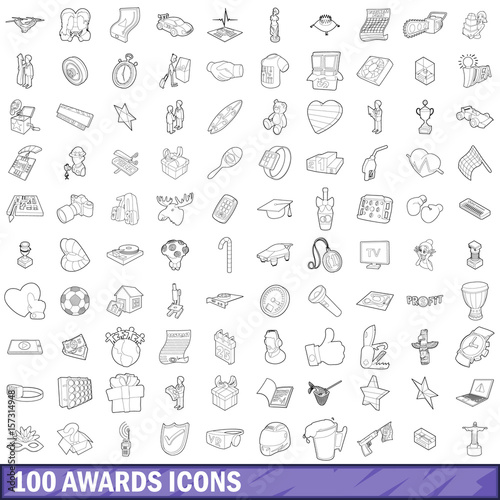 100 award icons set  outline style