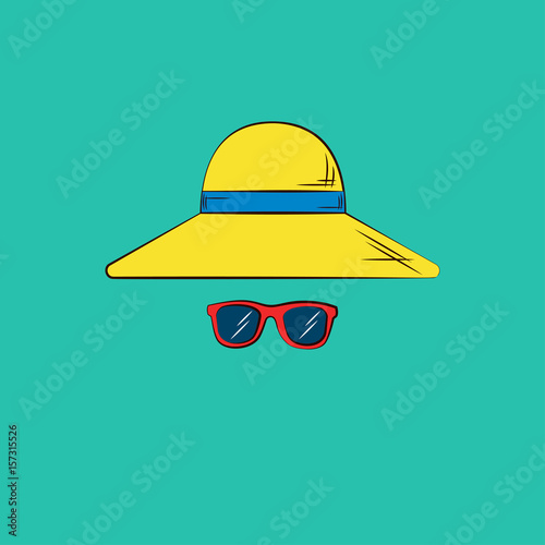 Beach vacation icon Vector illustration Icons of wide-brimmed hat and sunglasses on turquoise background Pop art style Isolated objects