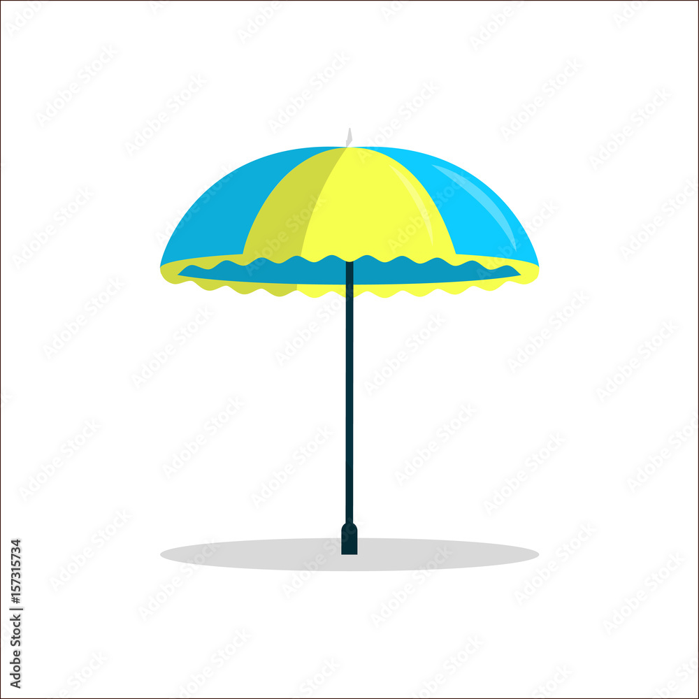Beach vacation icon Vector illustration Striped blue and yellow beach umbrella on a white background Cartoon style Isolated object Beach vacation icon Vector illustration Striped blue and yellow beach umbrella on a white background Cartoon style Isolated object