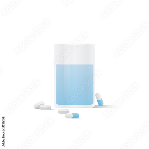 Cup of water and capsules medicine and pills illustration vector on white background. Health concept.