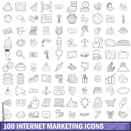 100 internet marketing icons set  outline style