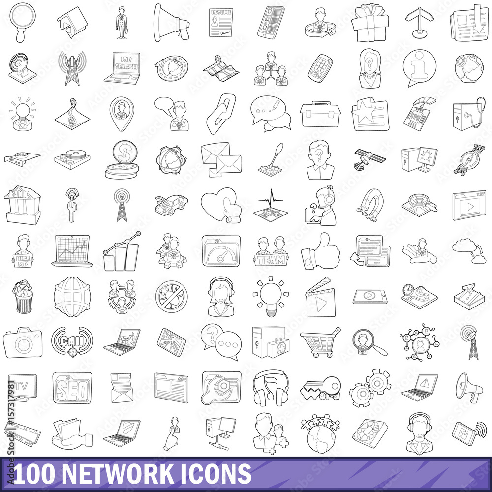 100 network icons set, outline style