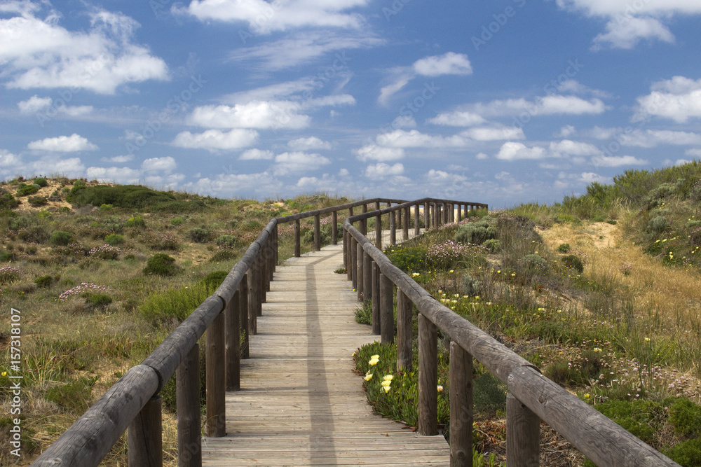 Fototapeta premium Wooden walkway leading to Bordeira Beach, Algarve, Portugal