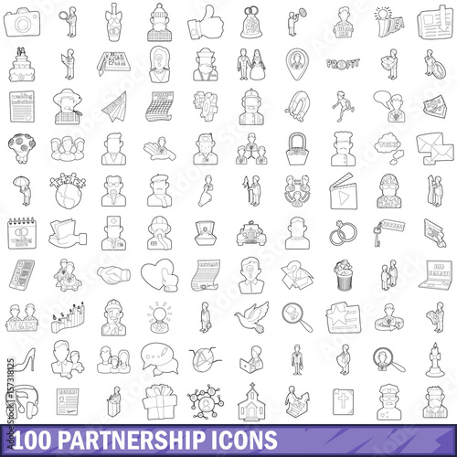 100 partnership icons set, outline style