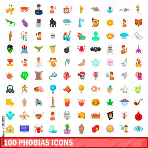 100 phobias icons set, cartoon style