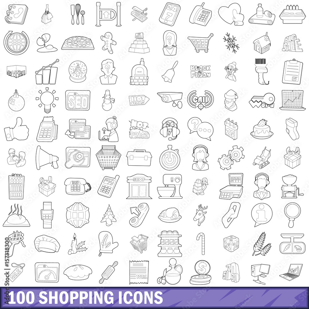 100 shopping icons set, outline style 100 shopping icons set, outline style