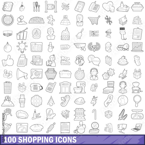 100 shopping icons set  outline style