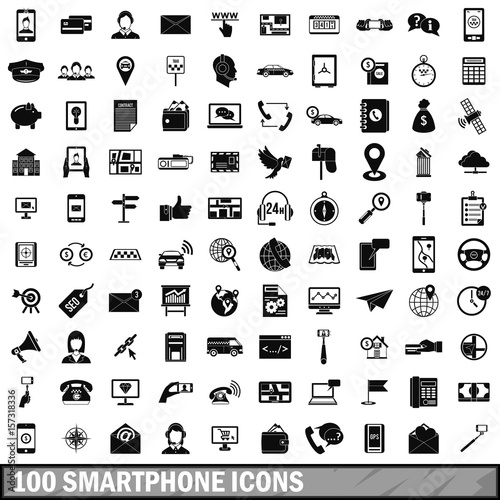 100 smartphone icons set, simple style 