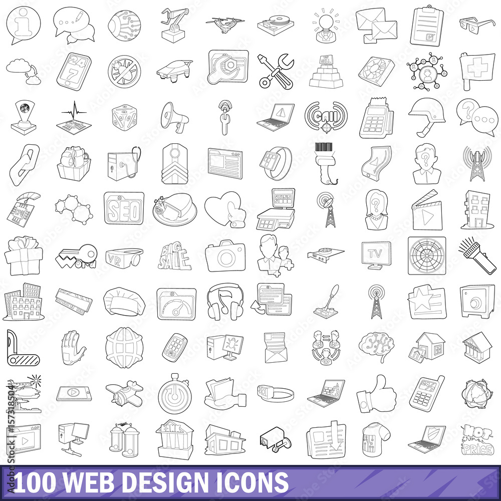 100 web design icons set, outline style