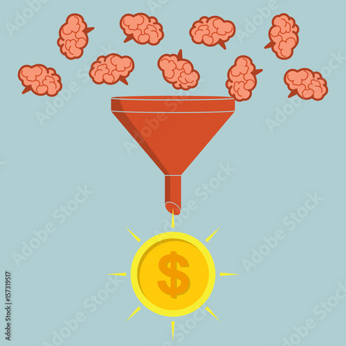 Business concept. Sales funnel converting brains into money. Vector illustration creative process.