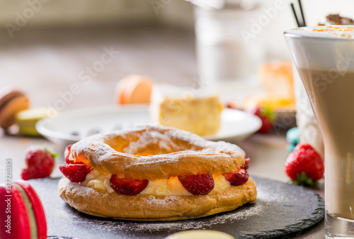 lot of desserts and a custard cake