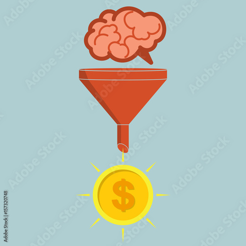 Business concept. Sales funnel converting brains into money. Vector illustration creative process.