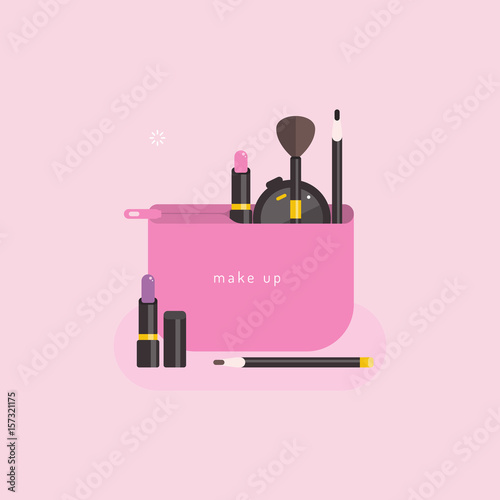 Beautiful cosmetic bag with set of cosmetic. Vector flat illustration.