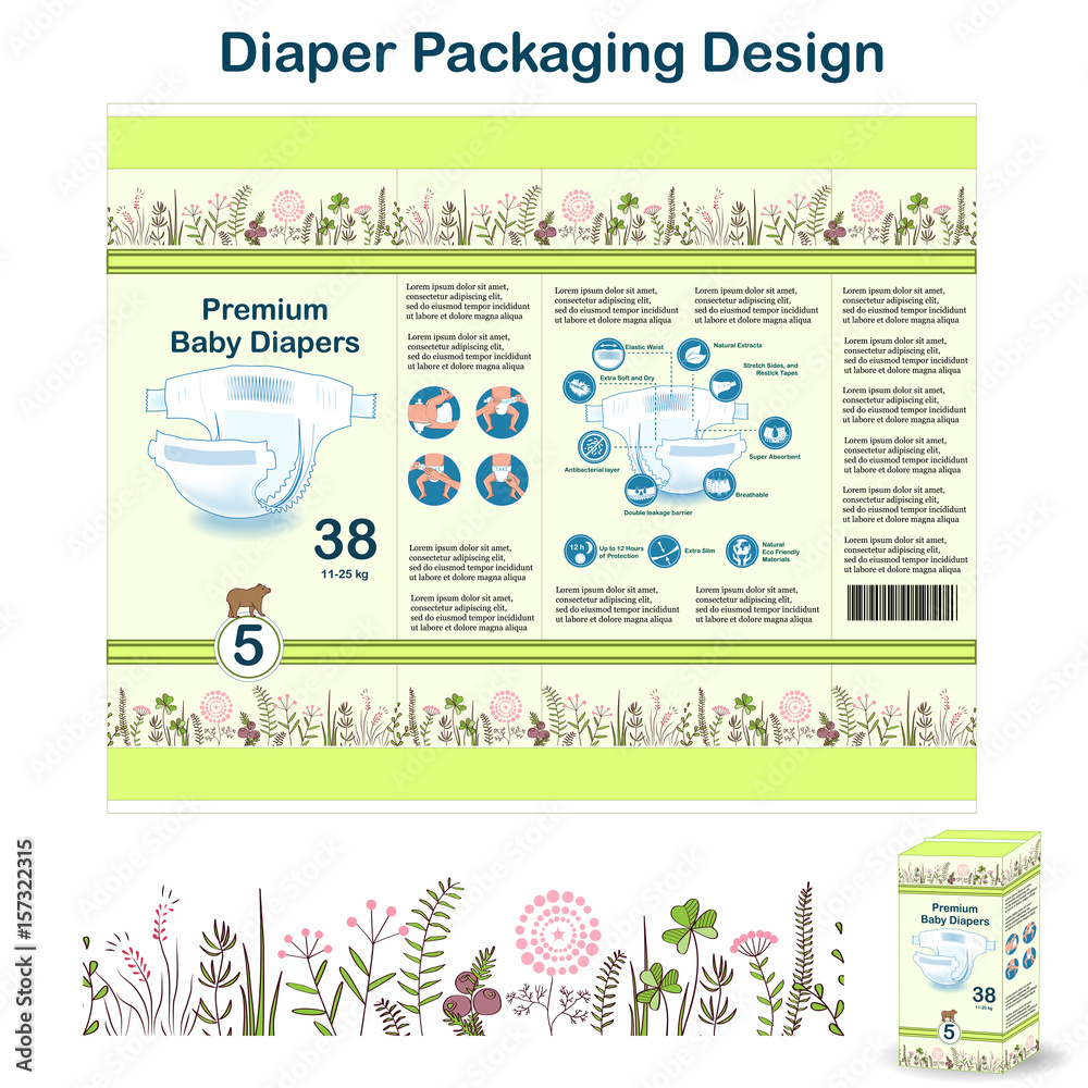 Obraz premium Diaper packaging design elements in doodle forest style. Nappy pakaging design for size 1, with floral border and owl.