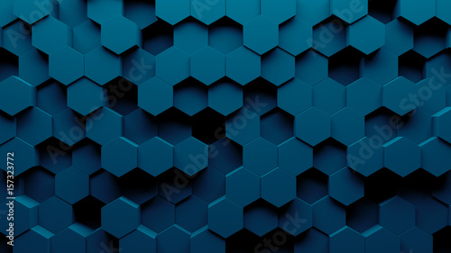 Abstract hexagon geometry background. 3d render of
simple primitives with six angles in front. Dark lighting. photo