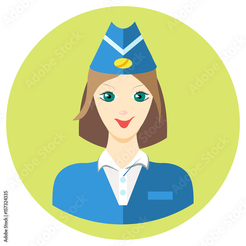 Woman stewardess iconin a flat style. Vector image on a round colored background. Element of design, interface. Image in the cartoon style
