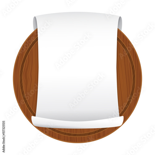 Vector illustration. Wooden cutting board with empty curled blank paper sheet isolated on white background. Parchment scroll. Banner template. Cartoon style