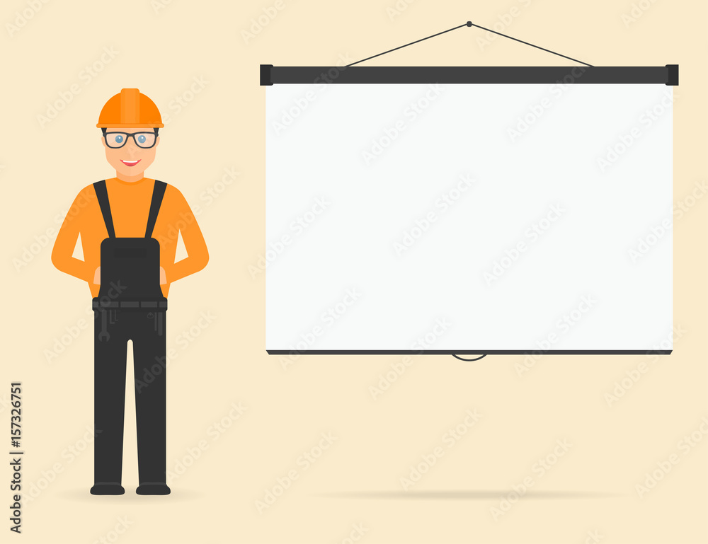 Builder in overall and in hard hat, projection screen on background. Builder on presentation Builder in overall and in hard hat, projection screen on background. Builder on presentation