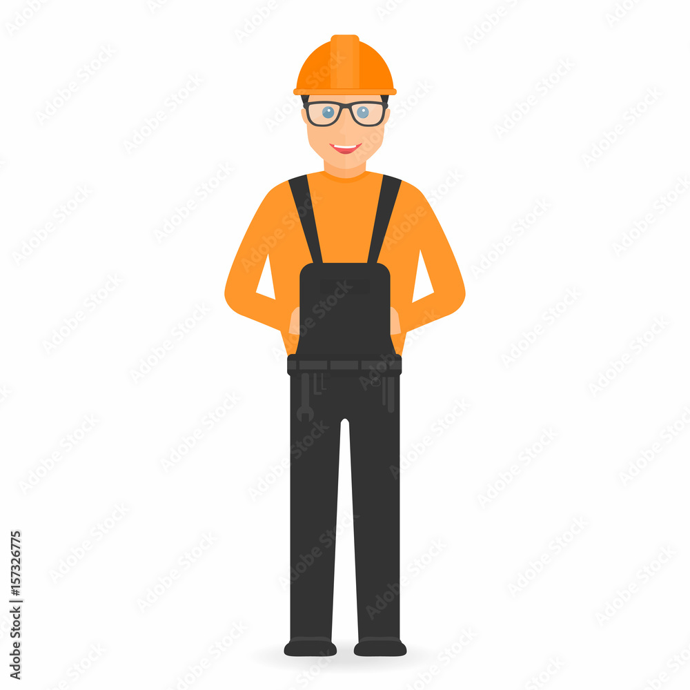 Builder in overall and in hard hat isolated on background. Belt with tools. Flat design Builder in overall and in hard hat isolated on background. Belt with tools. Flat design