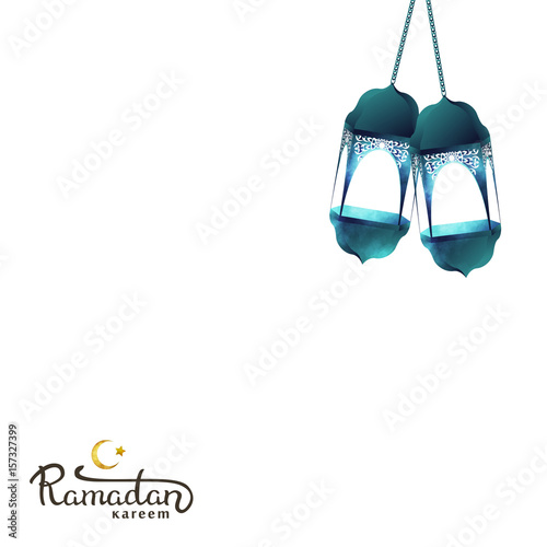 Vector islamic background for Ramadan Kareem. Blue lanterns Fanous and calligraphy with golden moon for Ramadan month vector illustration.