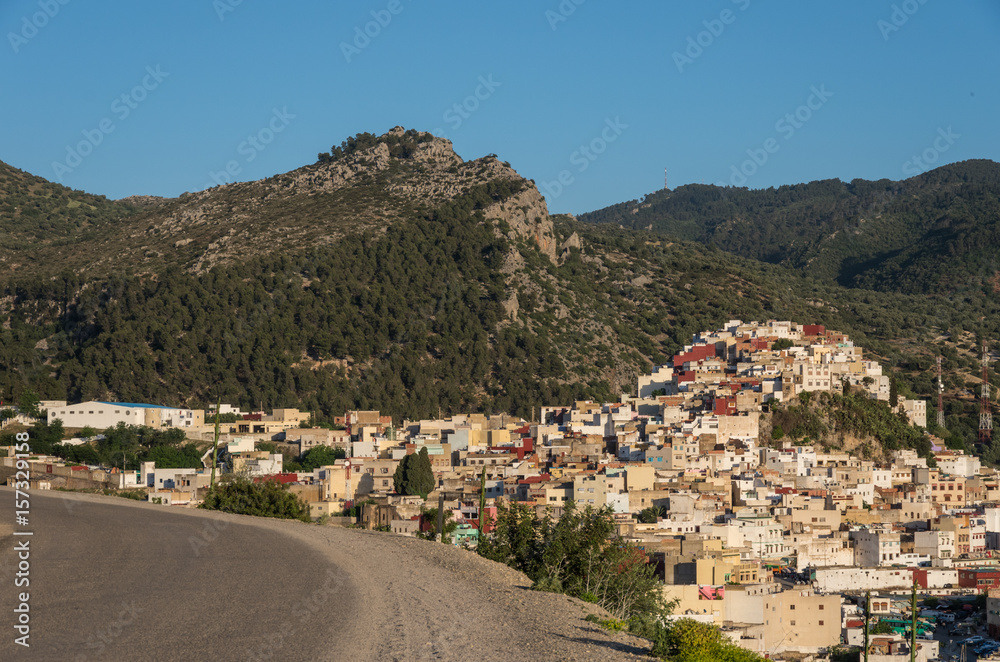 Panorama view from road over the holy city of Moulay Idriss Zerhoun including the tomb and Zawiya of Moulay Idriss, Middle Atlas, Morocco, North Africa