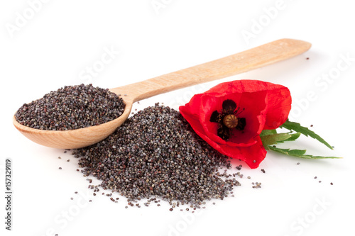 Poppy seeds in a wooden spoon with a flower photo