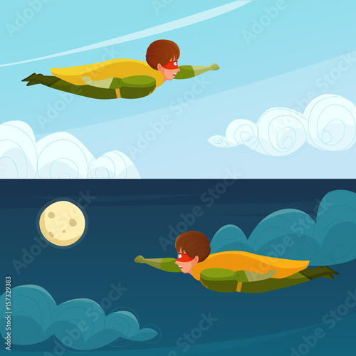 Flying Boy Superhero Horizontal Banners © Macrovector