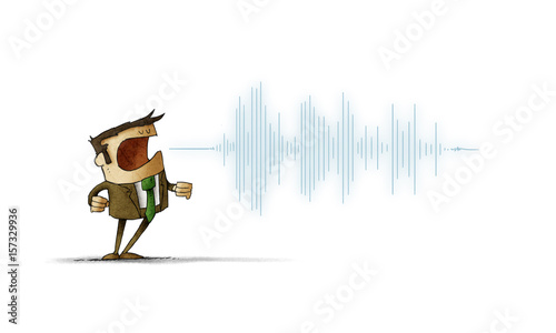 Illustration of a man screaming or speaking and wave of sound coming out of his mouth. isolated white background