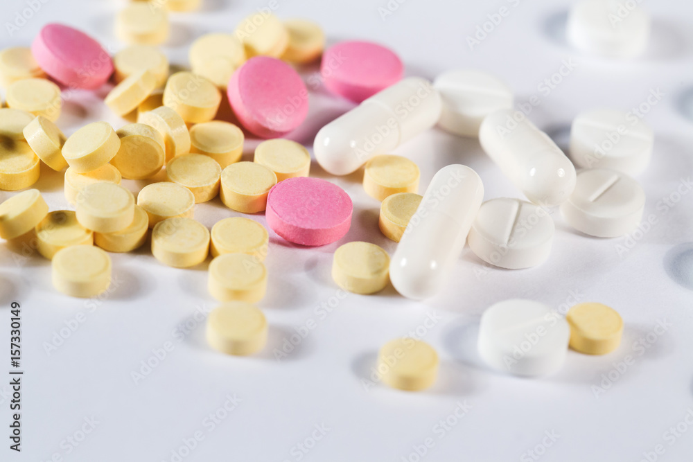 Colorful tablets with capsules health-care.