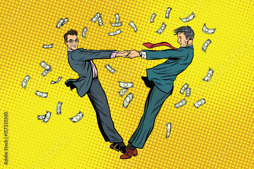 Two businessmen happily dancing in a whirlwind of money