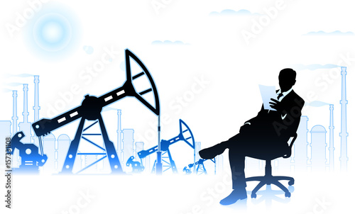 Businessman on background of oil factory