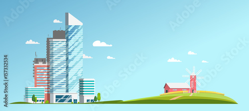 Landscape with a view of the skyscrapers and the farm.