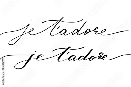 I adore you in French. Handwritten black text isolated on white background, vector. Each word is on the separate layer