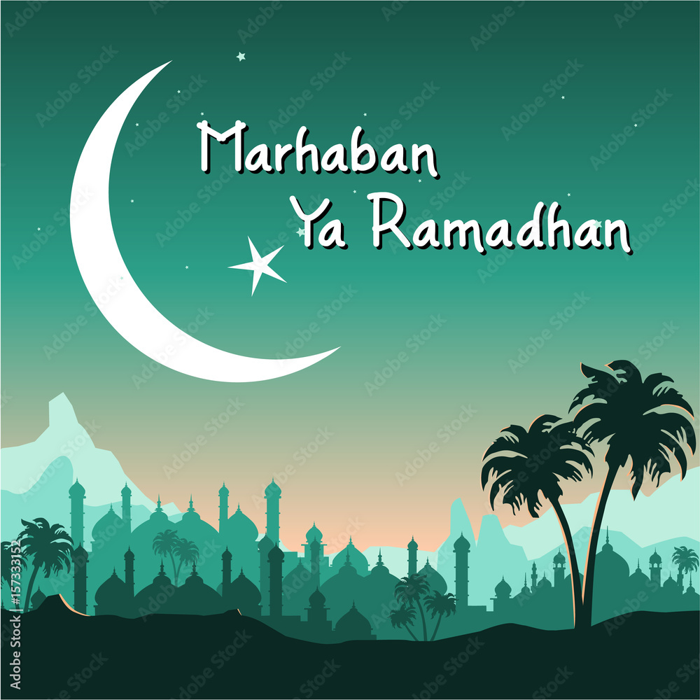 Naklejka premium Illustration of Ramadan with mosque valley and coconut tree in the night With a crescent moon