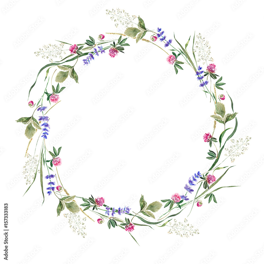 Delicate summer wreath with flowers and leaves of clover, lavender, strawberry and herbs. Hand drawn watercolor painting. Delicate summer wreath with flowers and leaves of clover, lavender, strawberry and herbs. Hand drawn watercolor painting.