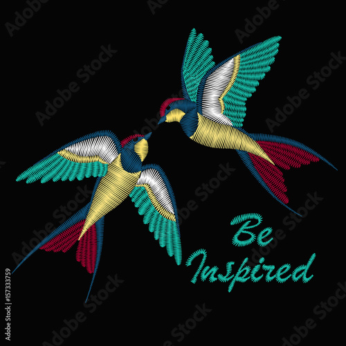 Embroidery with beautiful swallow birds. Embroidery for fashion textile and fabric. Vector design for collar t-shirts and blouses. 