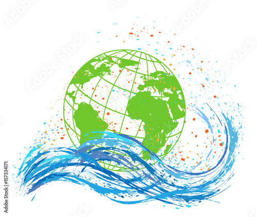 Planet Earth, ocean waves and sun, paint splashes