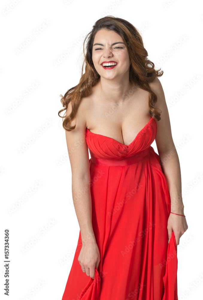 sexy girl in red dress laughing on an isolated background sexy girl in red dress laughing on an isolated background