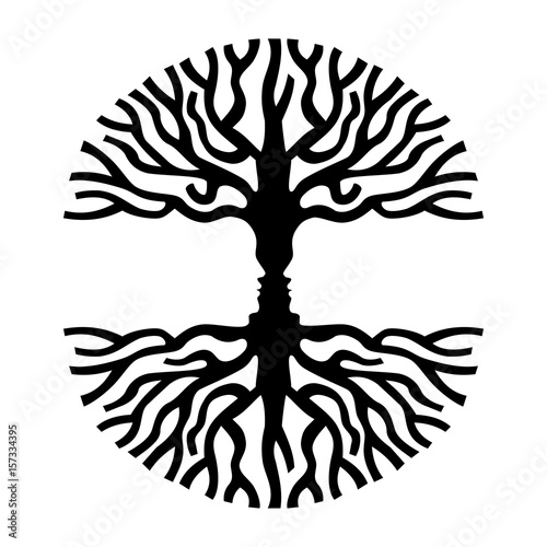 Men faces in tree silhouette optic art symbol