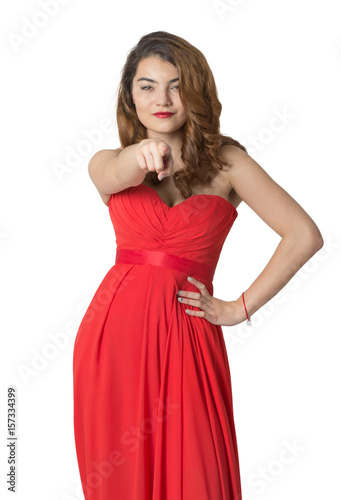 emotional Asian girl in red dress on an isolated background © Vladimir Bikhovskiy
