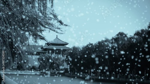 Wallpaper Mural Chinese ancient buildings tower & willow relying on river in Beijing Forbidden City winter snow. Torontodigital.ca
