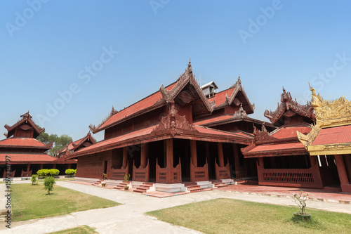 Old ornate buildings at the royal Mandalay Palace in Mandalay, Myanmar (Burma).