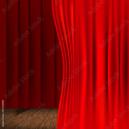 Curtain on stage with wooden floor of boards. Vector illustration.