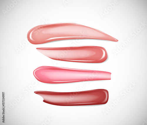 Collection of Smears lipstick, liquid foundation or caramel cream isolated on light background for advertising flyer, banner, leaflet. Beauty and cosmetics background.