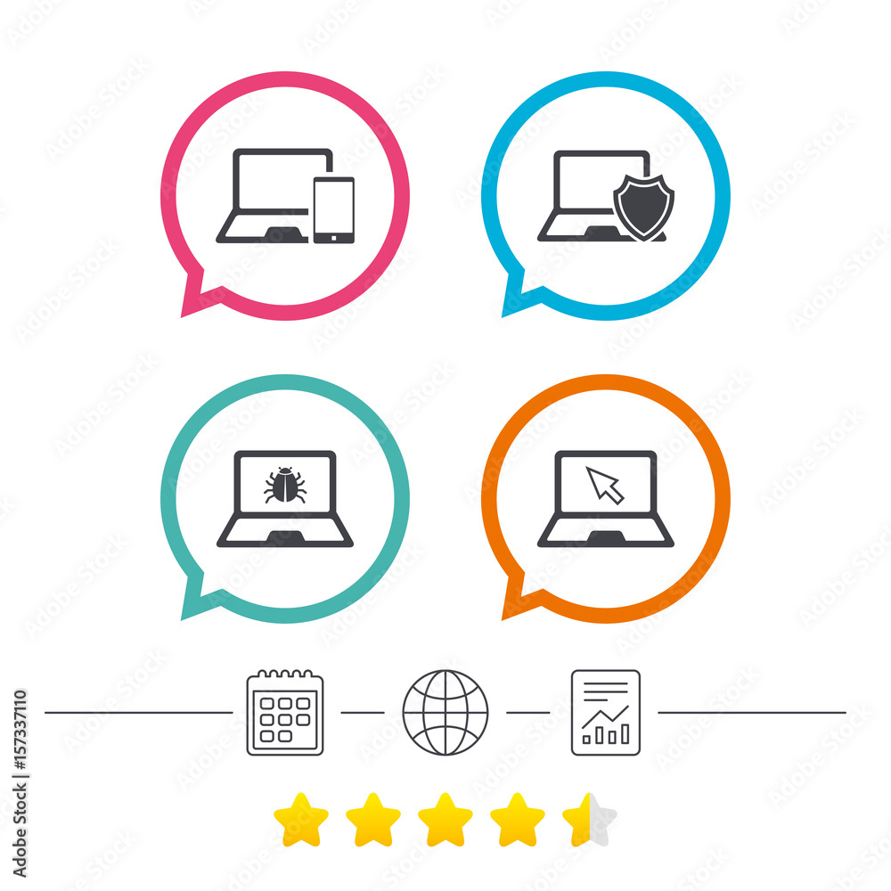 Notebook laptop pc icons. Virus or software bug. Notebook laptop pc icons. Virus or software bug.