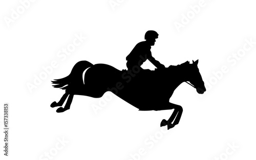 Horse race. Equestrian sport. Silhouette of racing horse with jockey. Jumping. Third step. © yik2007