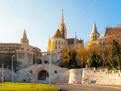 Front view of staircase of Fisherman Bastion on the Buda Castle Hill in Budapest, Hungary. Sunny autumn day shot.