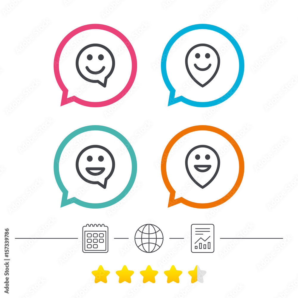 Happy face speech bubble icons. Pointer symbol. Happy face speech bubble icons. Pointer symbol.